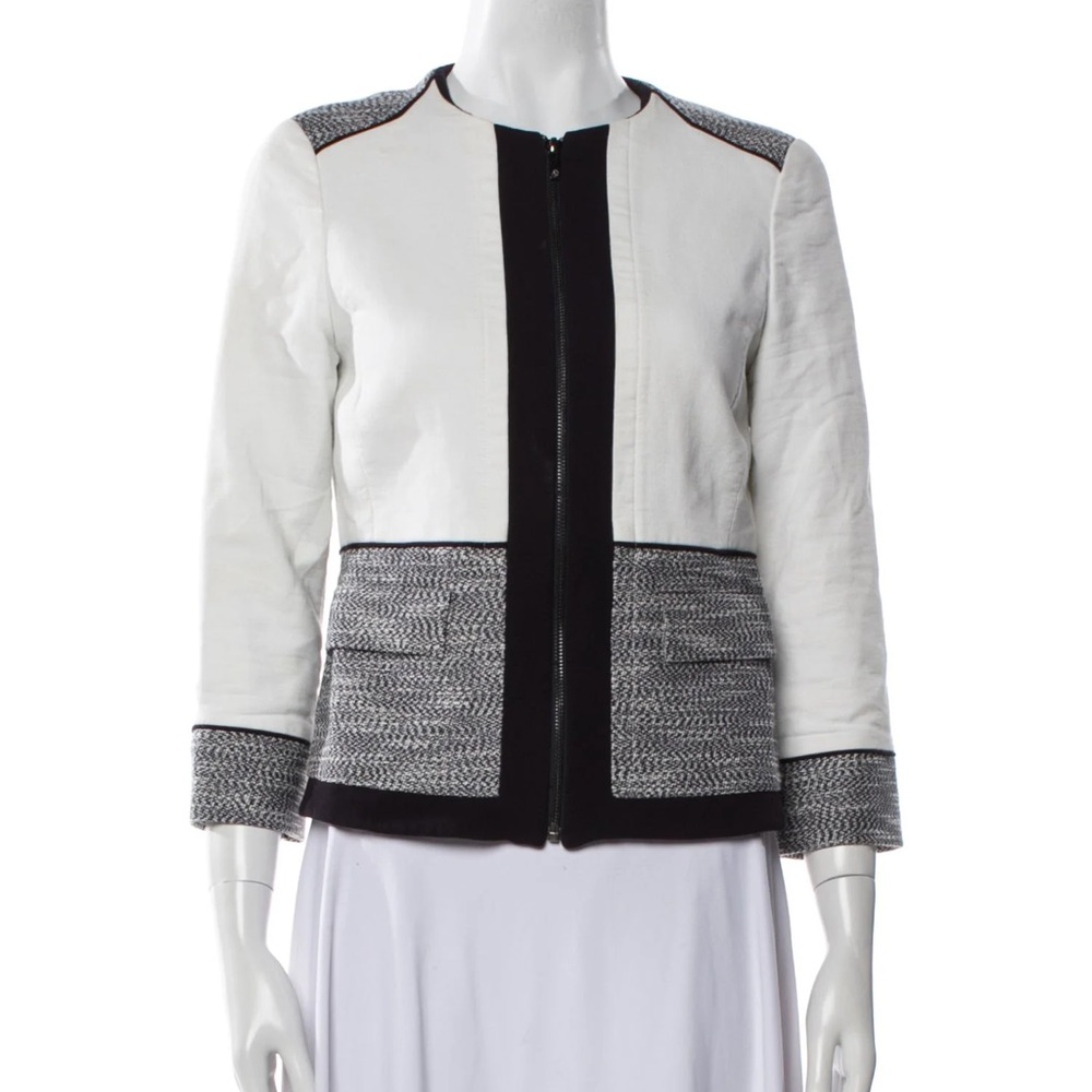 Tahari by Arthur S. Levine Tweeted textured full zip patch colorblock crop coat